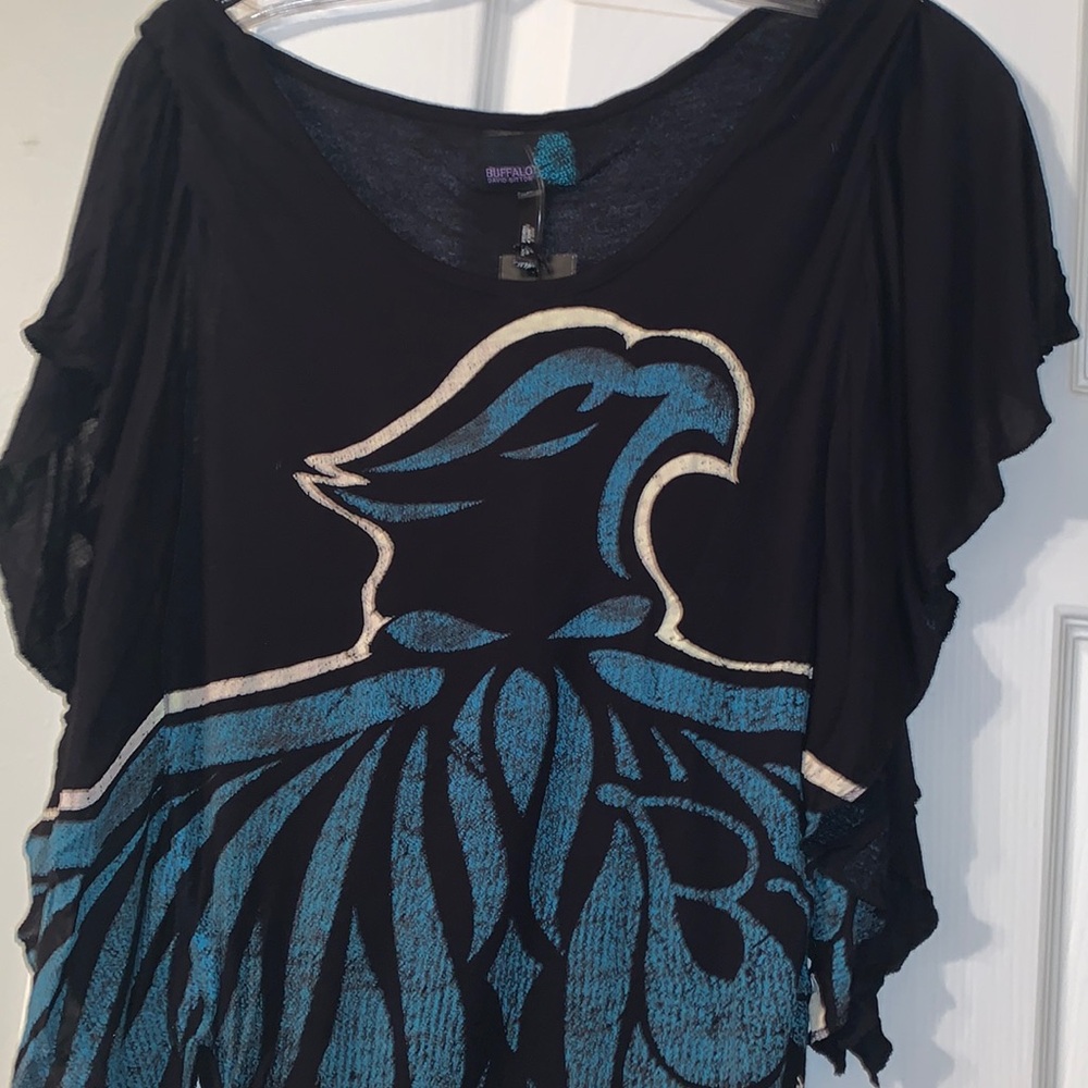 Buffalo David Bitton XS flyaway top, teal & multicolor bird logo, NWT